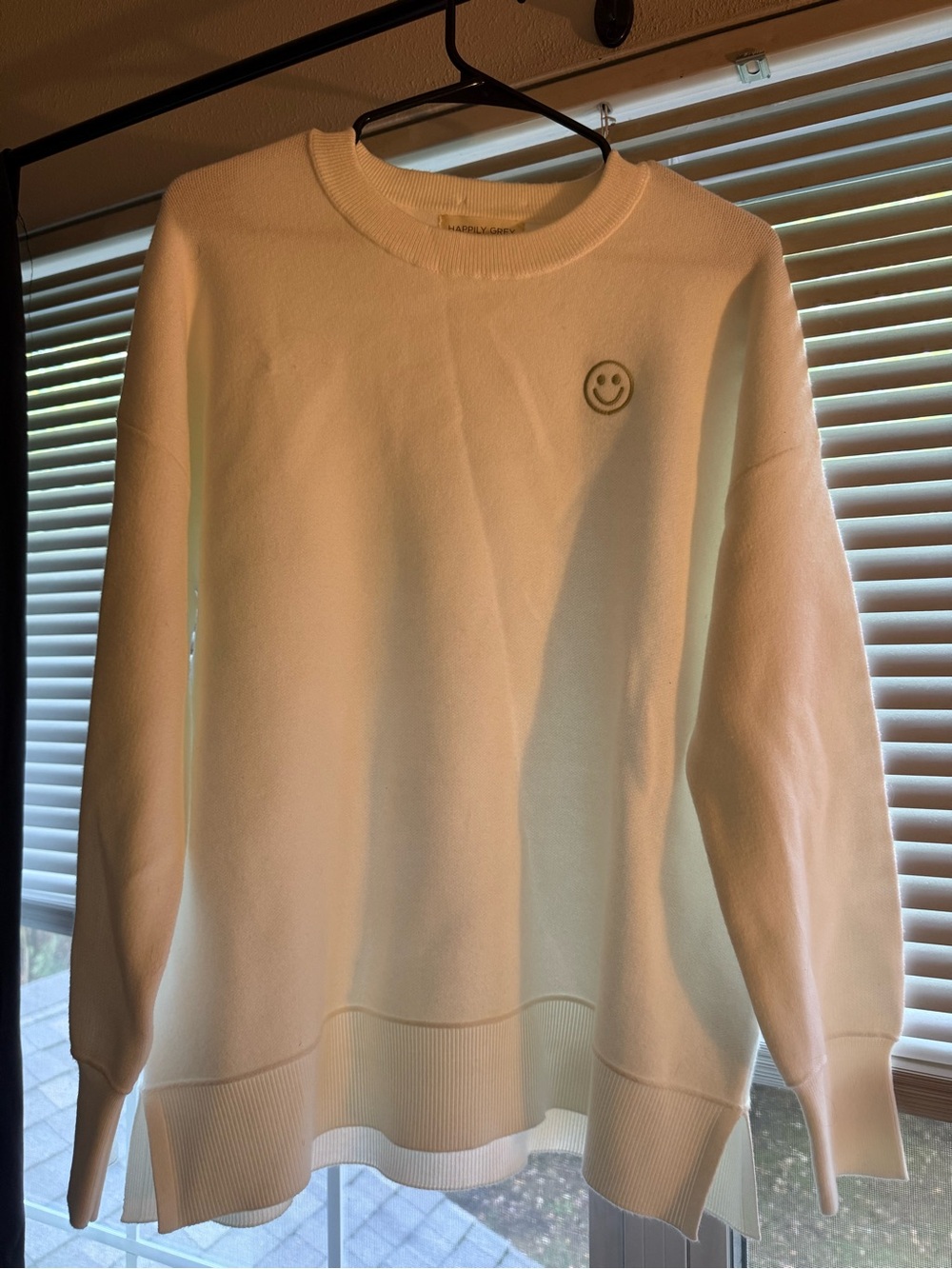 Women's White Crewneck Sweater with Smiley Detail